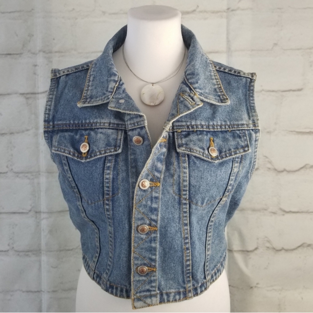 Vintage L Cropped Denim Jean Jacket Vest Adjustable Waist